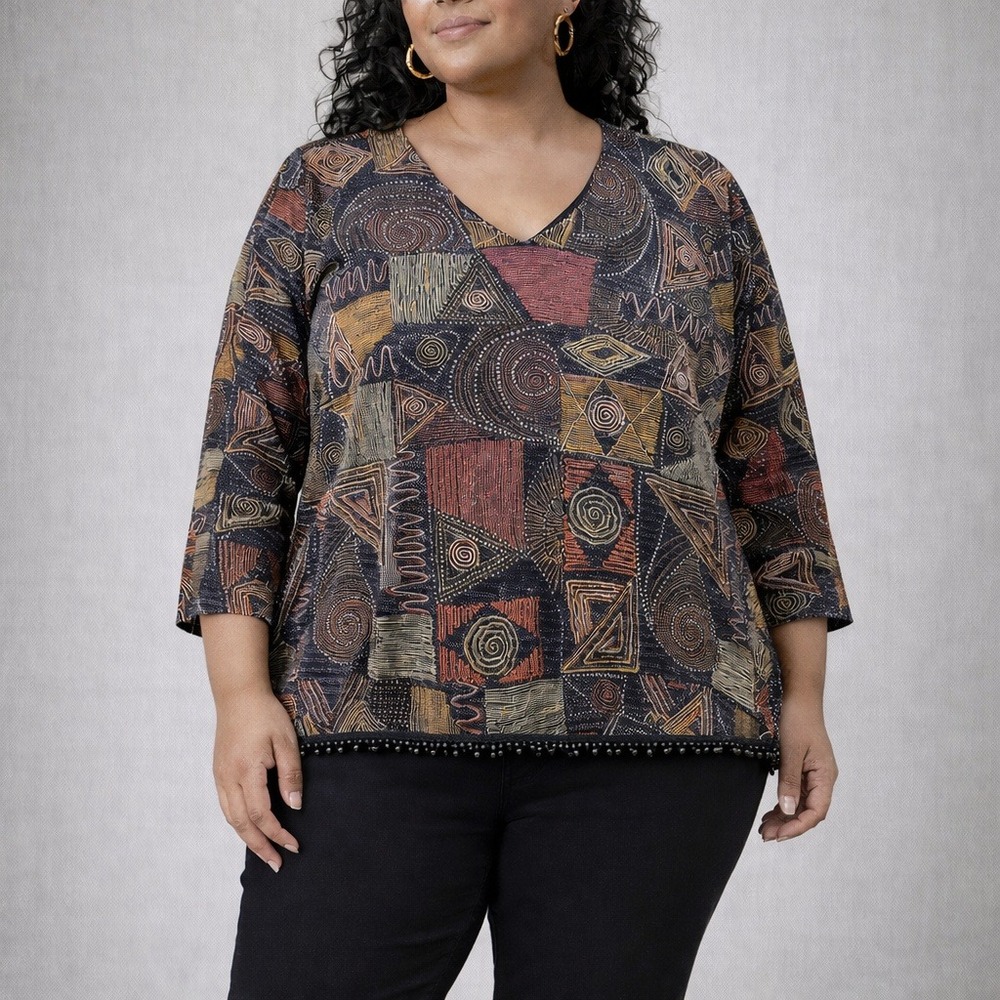 Vintage Lady Dorby Geometric Metallic Knit Top V Neck‎ Blouse Women's 26W Artsy
